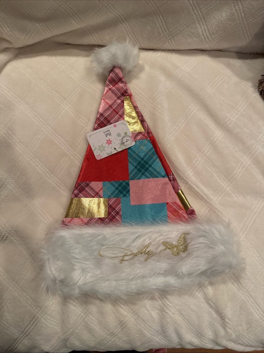Dllly Parton Holiday Coat of Many Patchwork Santa Hat White Faux Fur Trim